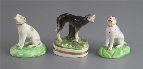 Three Derby porcelain figures of a greyhound and two pointers, c.1830, H. 6.4cm - 6.6cm